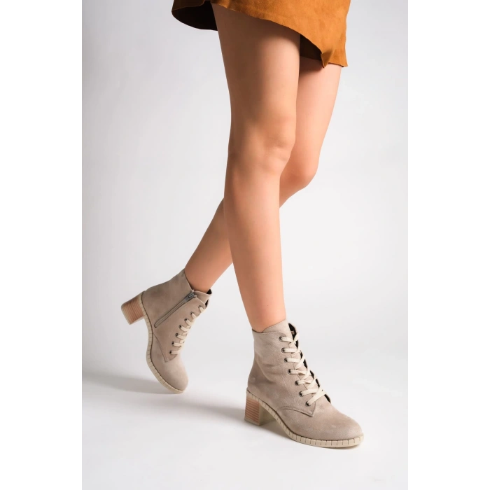 DIANA Bağcıklı Fermuarlı Ortopedik Taban Topuklu Süet Kadın Bot STT - Ten