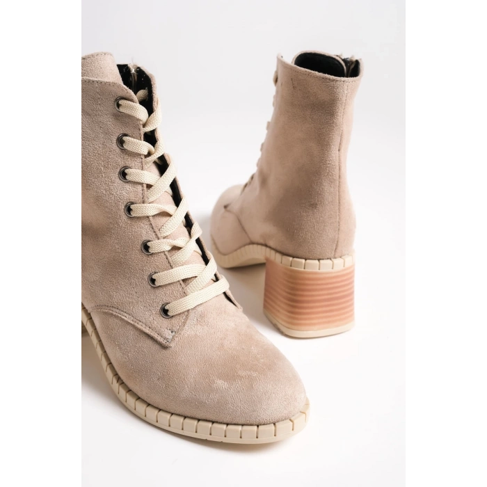 DIANA Bağcıklı Fermuarlı Ortopedik Taban Topuklu Süet Kadın Bot STT - Ten