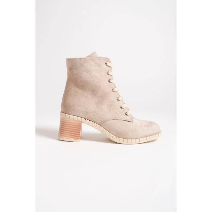 DIANA Bağcıklı Fermuarlı Ortopedik Taban Topuklu Süet Kadın Bot STT - Ten