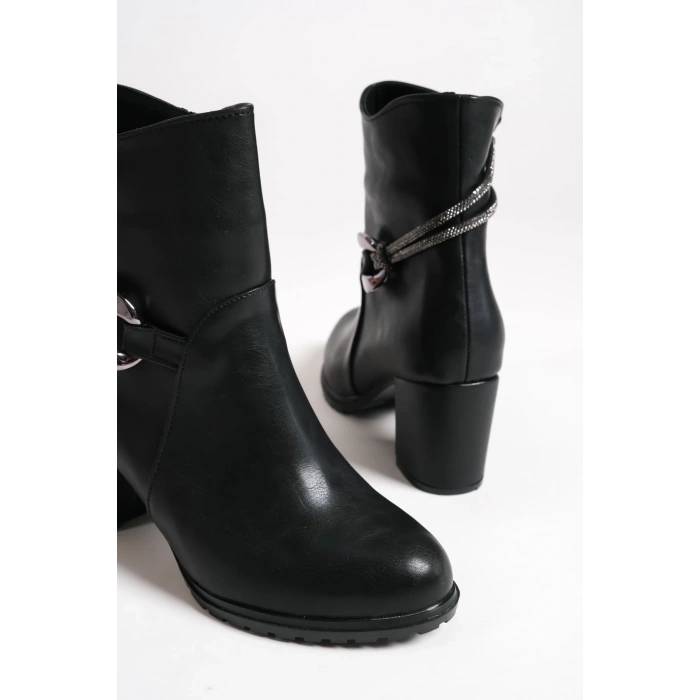 EDNA Fermuarlı Ortopedik Taban Taşlı Topuklu Kadın Bot CST - Siyah