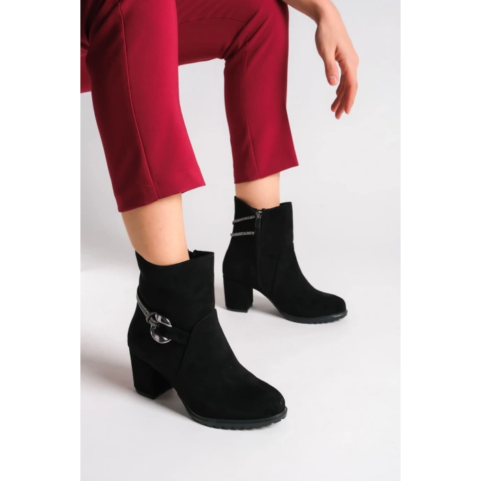 EDNA Fermuarlı Ortopedik Taban Taşlı Topuklu Süet Kadın Bot SST - Siyah