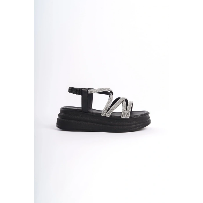 ELENA Lastikli Taşlı Şeritli Ortopedik Taban Kadın Sandalet CST - Siyah