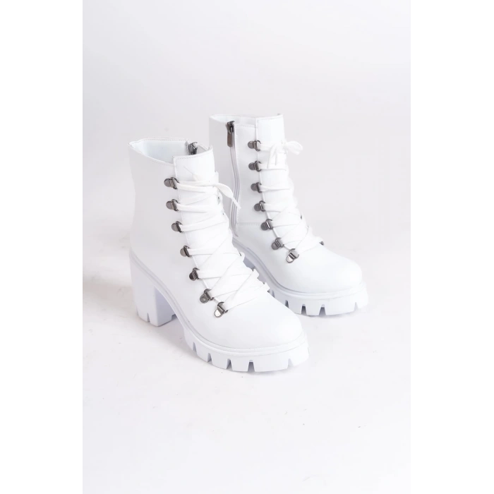 EMMA Bağcıklı Fermuarlı Ortopedik Taban Topuklu Kadın Bot CBT - Beyaz