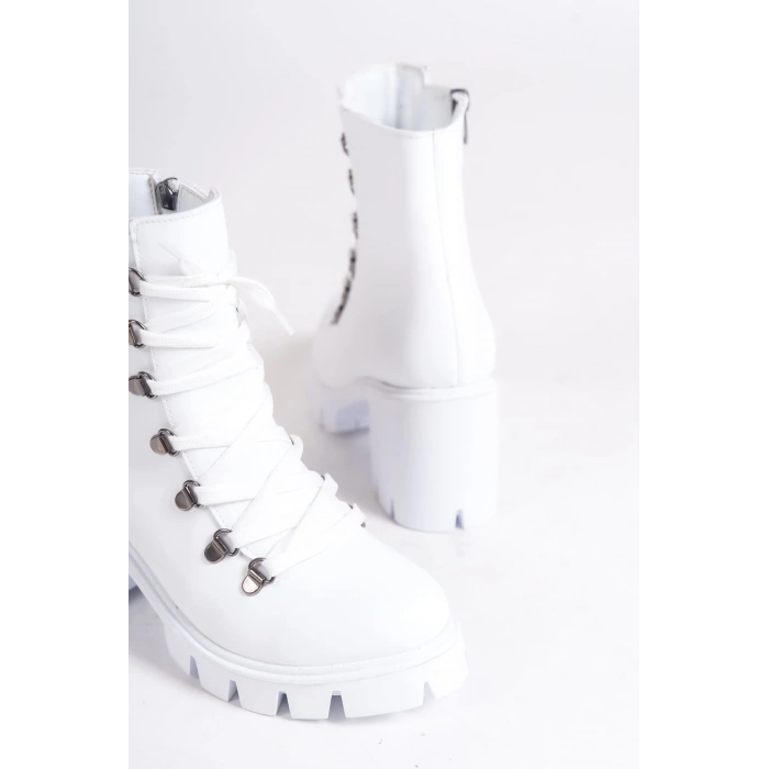 EMMA Bağcıklı Fermuarlı Ortopedik Taban Topuklu Kadın Bot CBT - Beyaz