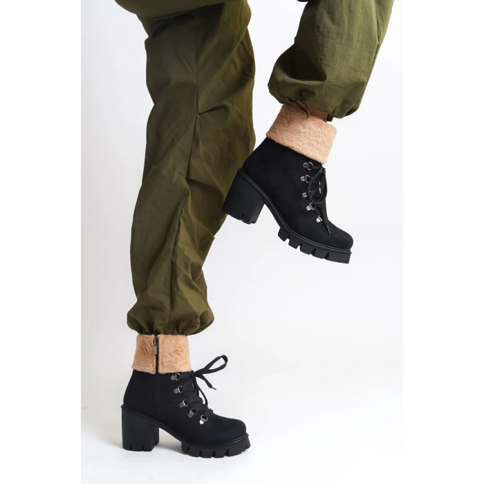 EMMA Bağcıklı Fermuarlı Ortopedik Taban Topuklu Kürk Detaylı Süet Kadın Bot SST - Siyah