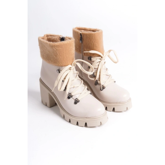 EMMA Bağcıklı Fermuarlı Ortopedik Taban Topuklu Kürk DetaylıKadın Bot CKT - Krem