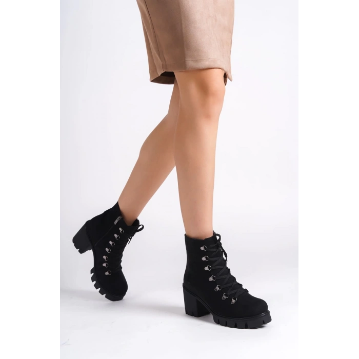 EMMA Bağcıklı Fermuarlı Ortopedik Taban Topuklu Süet Kadın Bot  SST - Siyah