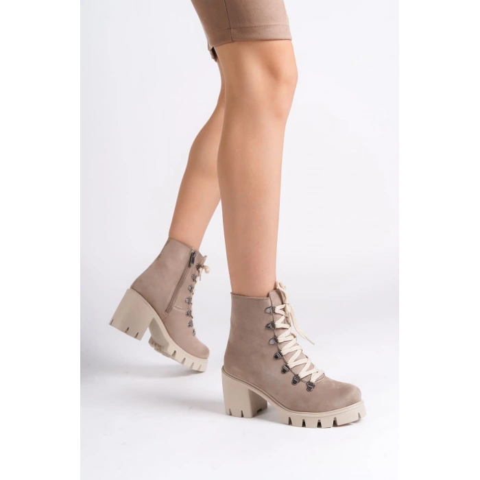 EMMA Bağcıklı Fermuarlı Ortopedik Taban Topuklu Süet Kadın Bot  STT - Ten