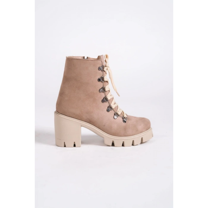 EMMA Bağcıklı Fermuarlı Ortopedik Taban Topuklu Süet Kadın Bot  STT - Ten