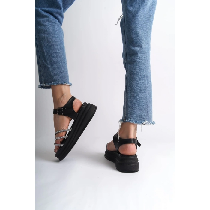 EVA Kalın Tokalı Taşlı Şeritli Ortopedik Taban Kadın Sandalet  CST - Siyah