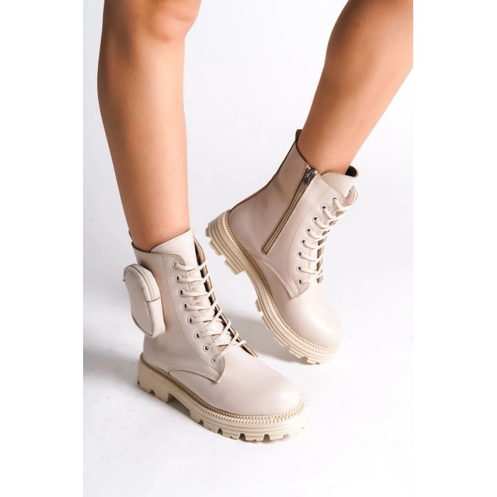 GINA Bağcıklı Fermuarlı Ortopedik Taban Çantalı Kadın Bot  CKT - Krem