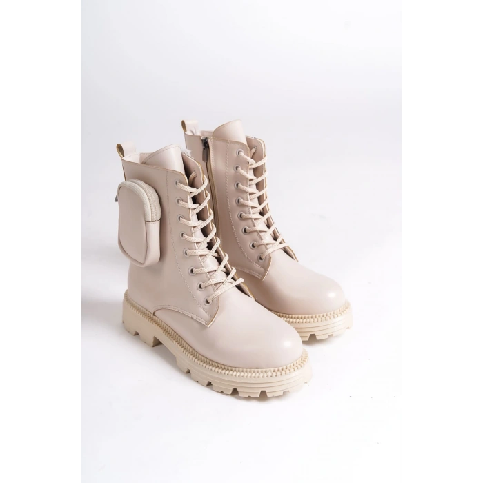 GINA Bağcıklı Fermuarlı Ortopedik Taban Çantalı Kadın Bot  CKT - Krem