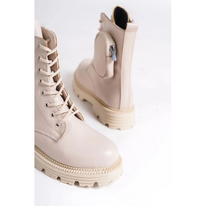 GINA Bağcıklı Fermuarlı Ortopedik Taban Çantalı Kadın Bot  CKT - Krem