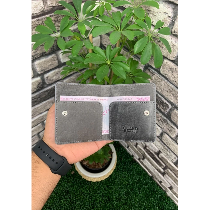 Guard Antik Gri Patlı Tasarım Deri Kartlık