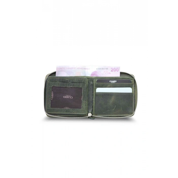Guard Antik Yeşil Fermuarlı Yatay Mini Deri Cüzdan