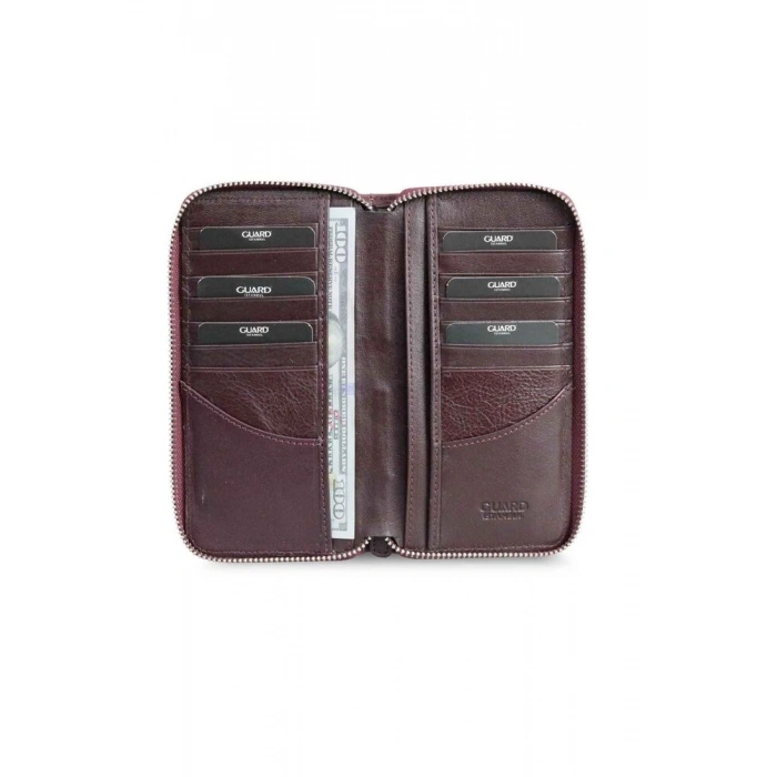 Guard Bordo Kamuflaj Baskılı Deri Fermuarlı Cüzdan