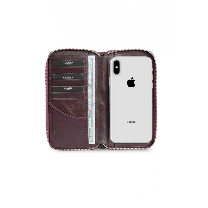 Guard Bordo Kamuflaj Baskılı Deri Fermuarlı Cüzdan