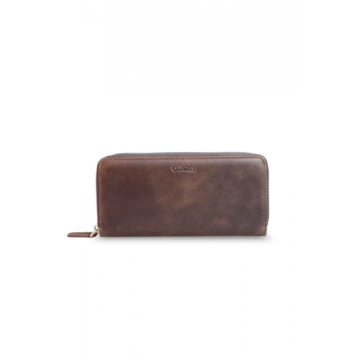 Guard Çift Fermuarlı Crazy Kahve Deri El Çantası