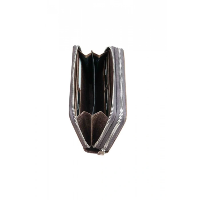 Guard Çift Fermuarlı Crazy Kahve Deri El Çantası