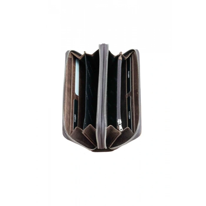 Guard Çift Fermuarlı Crazy Kahve Deri El Çantası