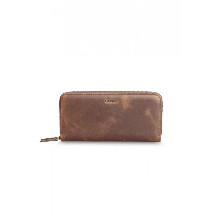 Guard Çift Fermuarlı Crazy Taba Deri El Çantası