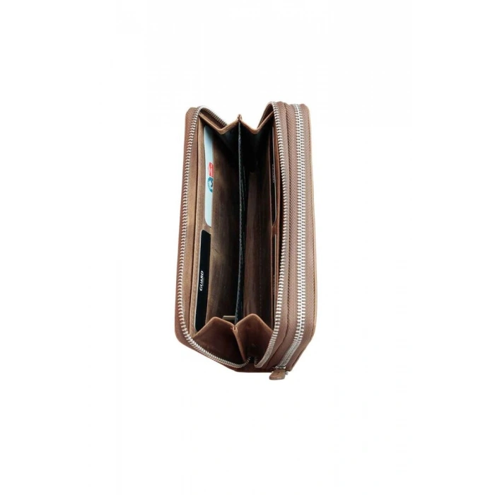 Guard Çift Fermuarlı Crazy Taba Deri El Çantası