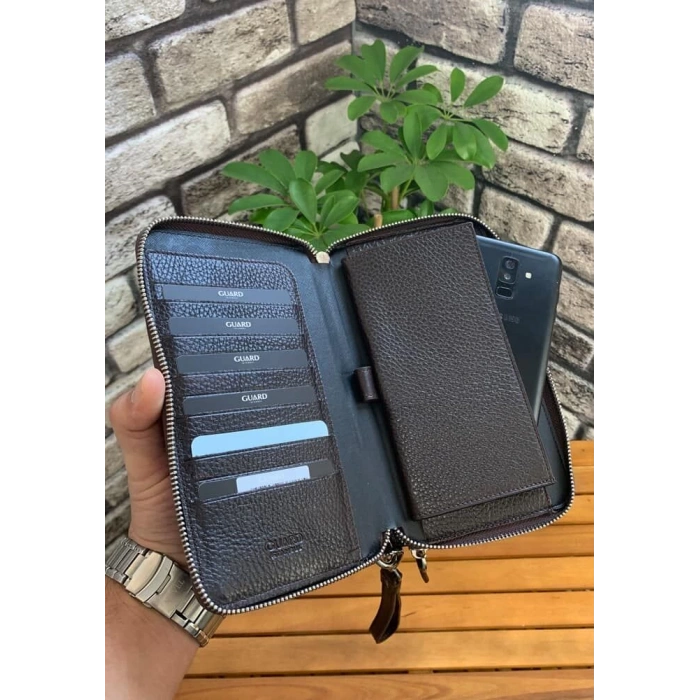 Guard Çift Fermuarlı Kahverengi Deri El Çantası