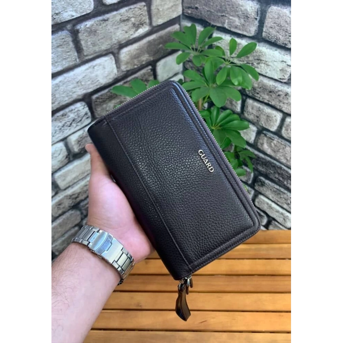 Guard Çift Fermuarlı Kahverengi Deri El Çantası