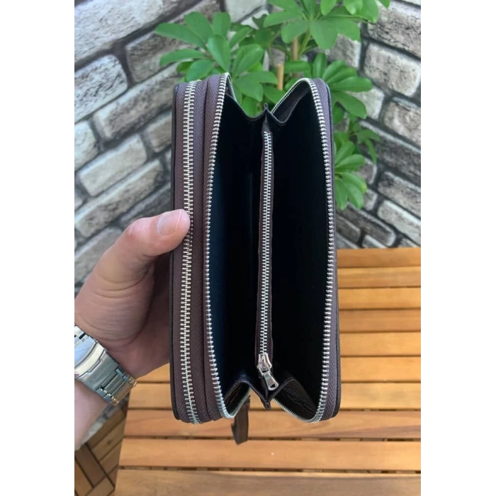 Guard Çift Fermuarlı Kahverengi Deri El Çantası