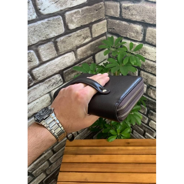 Guard Çift Fermuarlı Kahverengi Deri El Çantası