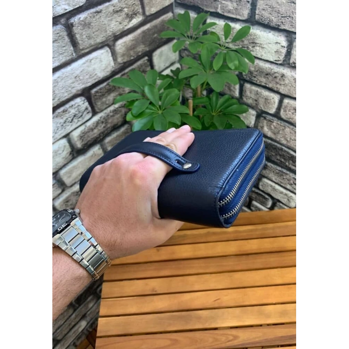 Guard Çift Fermuarlı Lacivert Deri El Çantası