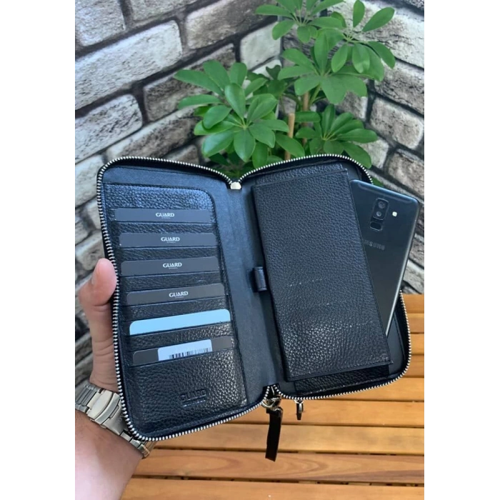 Guard Çift Fermuarlı Siyah Deri El Çantası