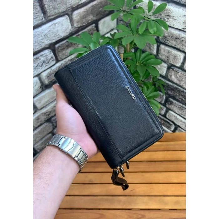 Guard Çift Fermuarlı Siyah Deri El Çantası