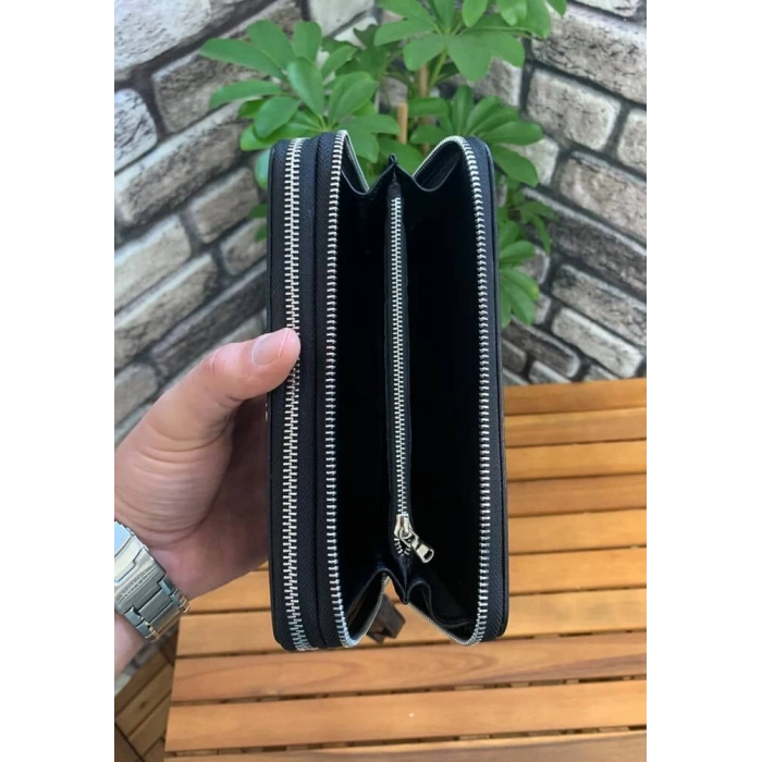 Guard Çift Fermuarlı Siyah Deri El Çantası