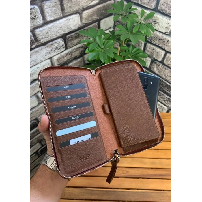 Guard Çift Fermuarlı Taba Deri El Çantası