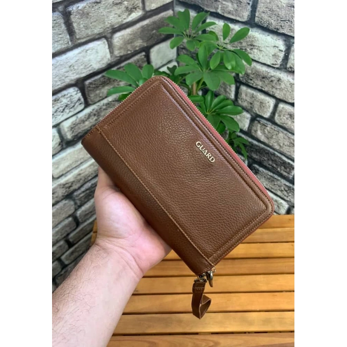 Guard Çift Fermuarlı Taba Deri El Çantası