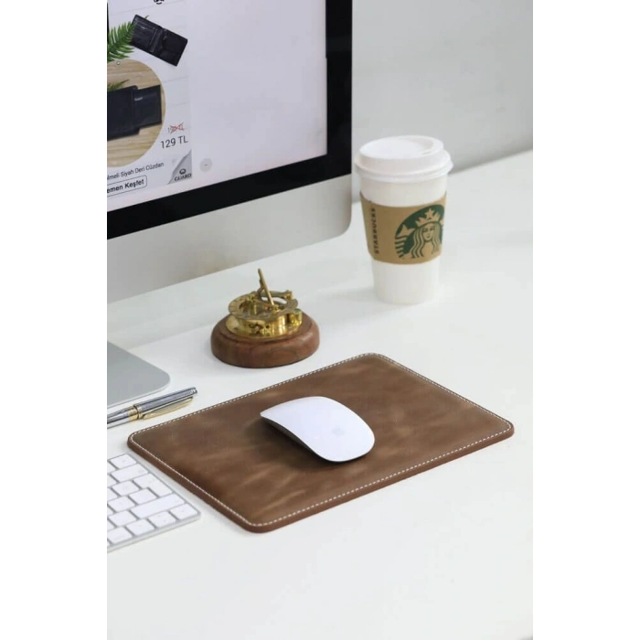 Guard Dikiş Detaylı Antik Kahverengi Deri Mouse Pad 26 x 20 Cm