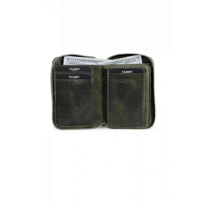 Guard Fermuarlı Antik Yeşil Deri Mini Cüzdan