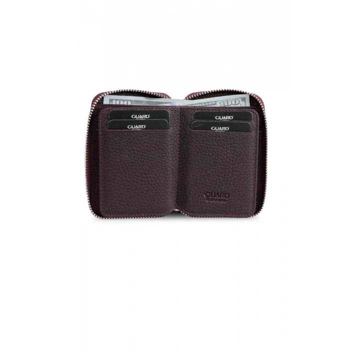Guard Fermuarlı Bordo Deri Mini Cüzdan