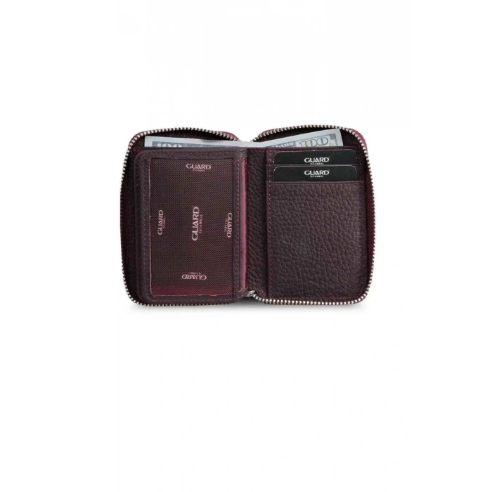 Guard Fermuarlı Bordo Deri Mini Cüzdan