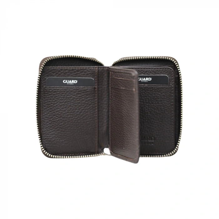 Guard Fermuarlı Kahverengi Deri Mini Cüzdan