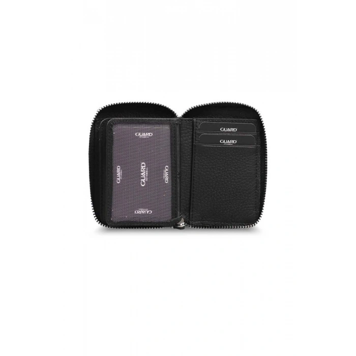 Guard Fermuarlı Siyah Deri Mini Cüzdan