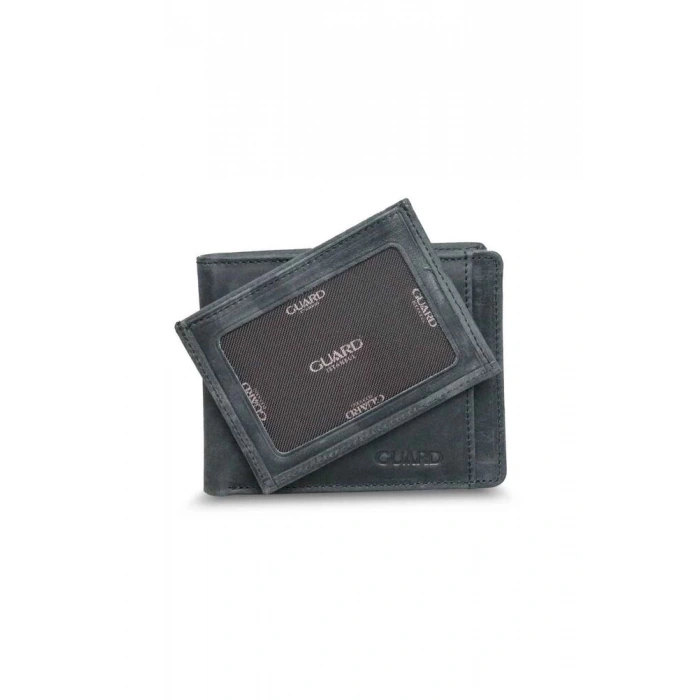 Guard Gizli Kart Bölmeli Antik Siyah Hakiki Deri Erkek Cüzdan