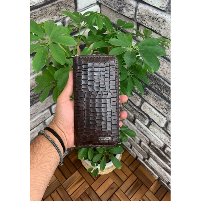 Guard Kahverengi Croco Baskılı Fermuarlı Portföy Cüzdan