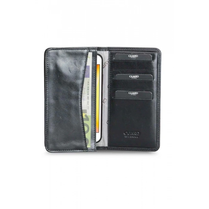 Guard Telefon Girişli Siyah Lazer Baskı Deri Portföy Cüzdan