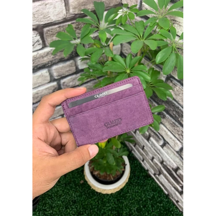 Guard Ultra İnce Unisex Mor Nubuk Minimal Deri Kartlık