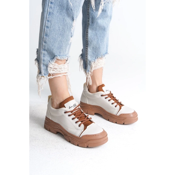 JANE Bağcıklı Ortopedik Taban Kadın Sneaker Spor Ayakkabı  CTT - Krem