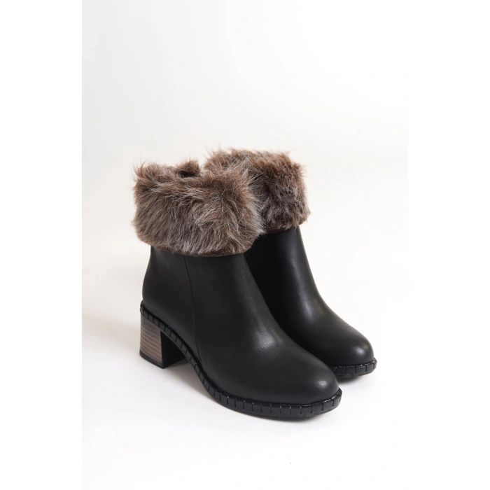 JULIA Fermuarlı Ortopedik Taban Tüylü Topuklu Kadın Bot CST - Siyah