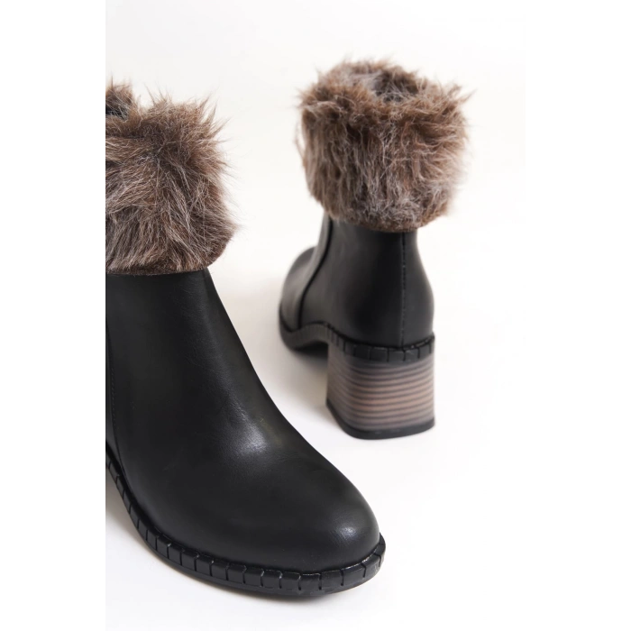 JULIA Fermuarlı Ortopedik Taban Tüylü Topuklu Kadın Bot CST - Siyah