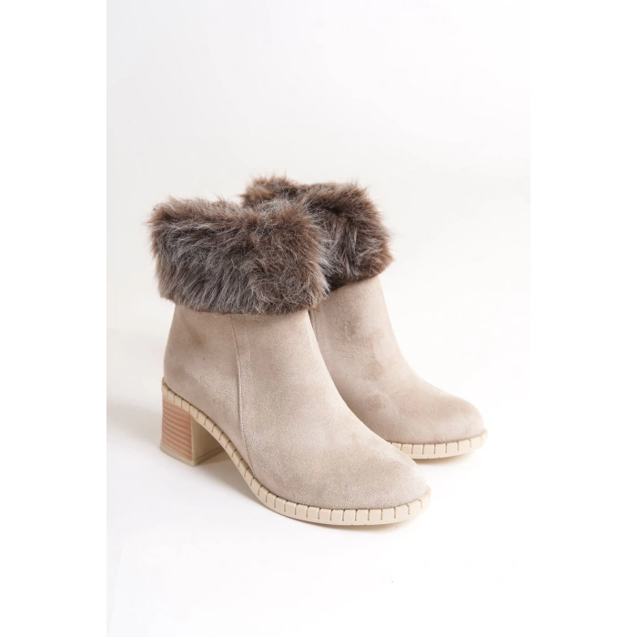 JULIA Fermuarlı Ortopedik Taban Tüylü Topuklu Süet Kadın Bot SKT - Krem